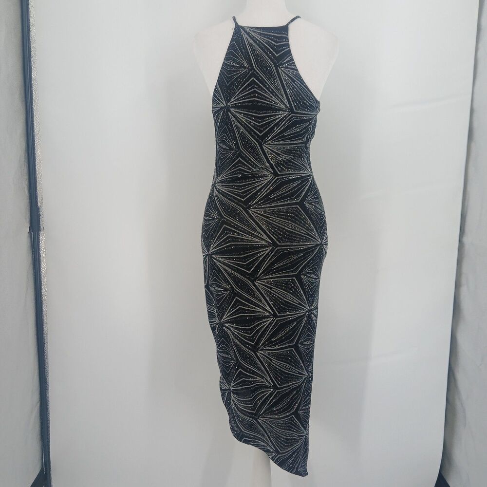 SNAP Black geometric Print Sleeveless Midi Dress Womens Size M Stretch Knit
